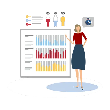 Infografika z kobietą stojącą przy tablicach z wykresami słupkowymi symbolizuje raporty rozliczenia czasu pracy pracownika