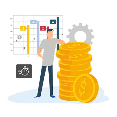 Infografika z mężczyzną stojącym przy złotych monetach w tle stoper i tablica z wykresami symbolizuje rozliczenie czasu pracy pracownika