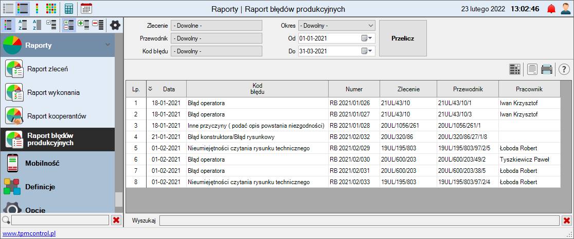 screen z programu Order - raport błędów produkcyjnych