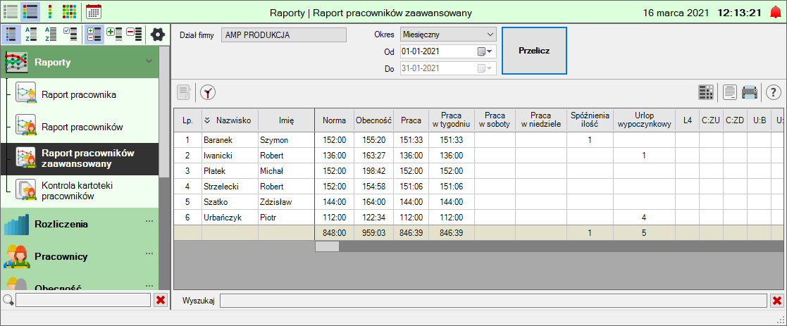 Zrzut ekranu z programu Worker naszego Systemu Rejestracji Czasu Pracy RCP - raport zaawansowany pracowników